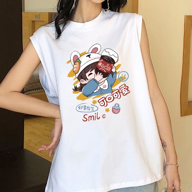 เสื้อกล้ามแขนกุด ลายเด็กหญิงดื่มโค้ง ใส่ได้ทั้งหญิงและชาย ผ้าcotton ทรงหลวมใส่สบาย สไตล์เกาหลีB88135