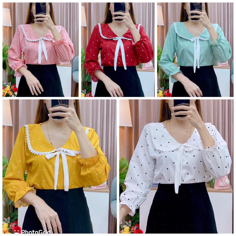 เสื้อลายจุด5เซ็นคอบัวเเต่งลูกไม้ปก ลายจุด อก40ยาว23 เนื้อผ้าไหมอิตารี่ นุ่ม