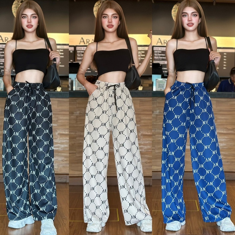🌈NEW🌈กางเกงขากว้างเอวสูง ผ้าไมโคร กางเกงทรงหลวม ผ้านุ่ม ใส่สบายไม่ร้อน ลายตาราง มีให้เลือกหลายสี  K9179