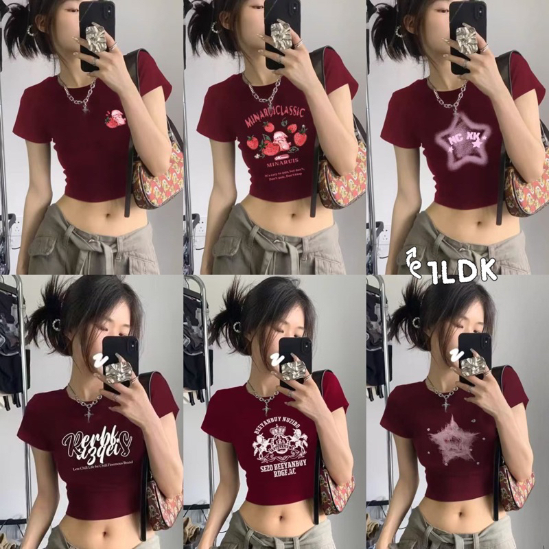 1LDK พร้อมส่ง เสื้อครอปคอกลมแขนสั้น ลายการ์ตูน สกรีนน่ารักๆ(176)