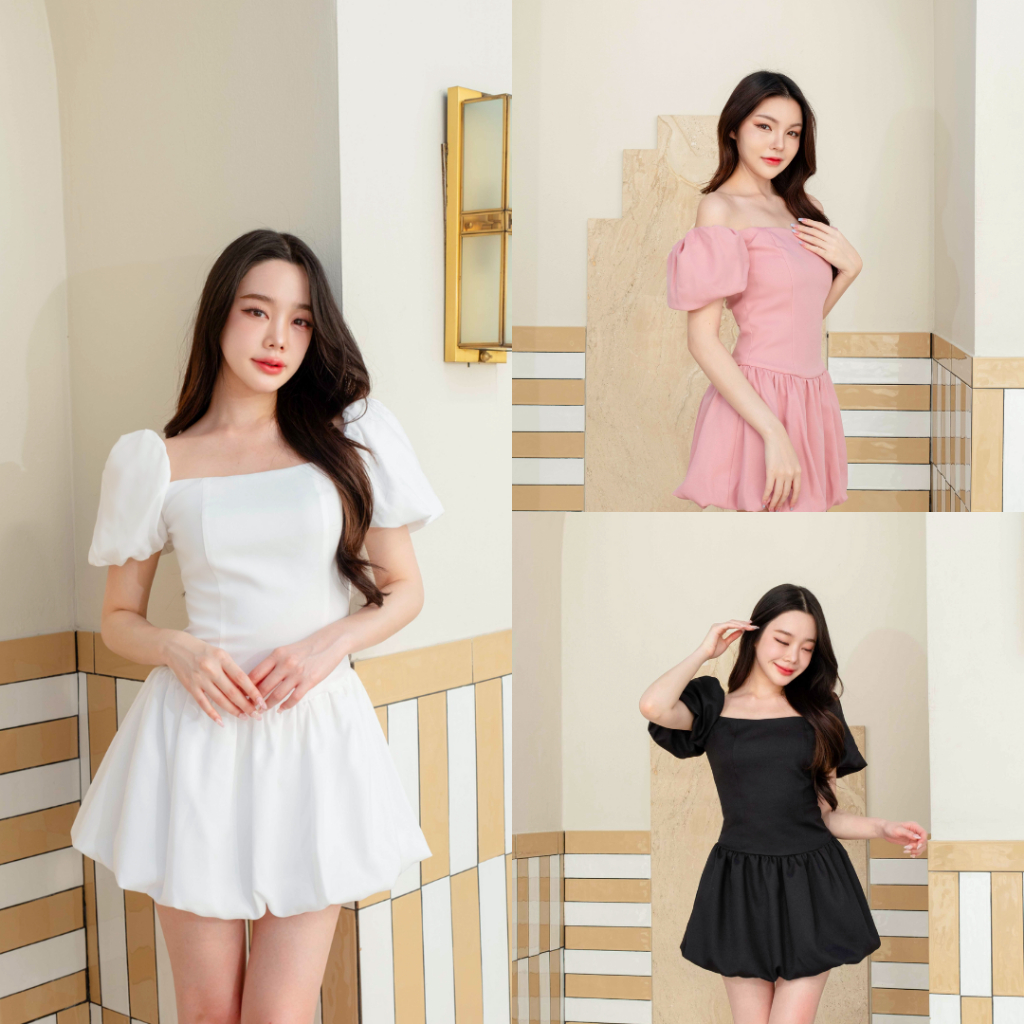Pirunya - Mini Dress 37 เดรสสั้น มินิเดรส แขนพอง กระโปรงบอลลูน (มีกางเกงซับใน)