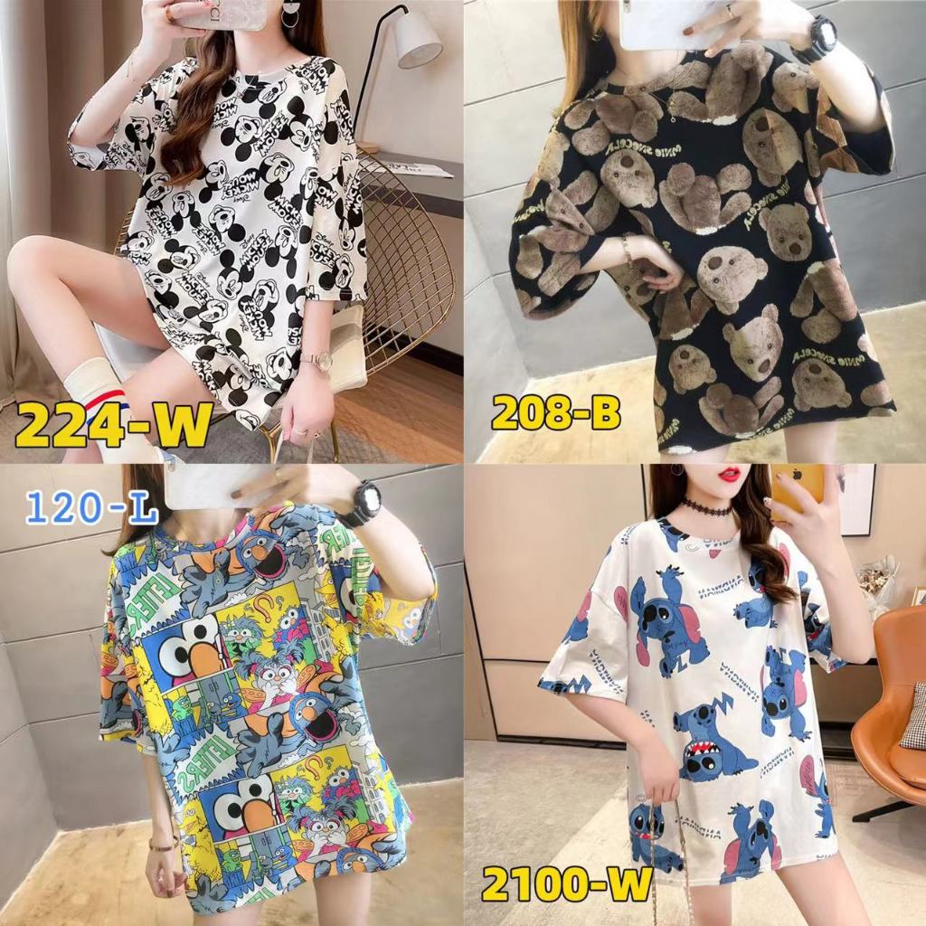 เสื้อยืดแขนสั้นแฟชั่นผู้หญิงฤดูร้อนสไตล์ใหม่พิมพ์ขนาดใหญ่หลวมฤดูร้อนเกาหลีผ้าฝ้ายคอกลมยาวปานกลางเสื้อยืดการ์ตูนน่ารัก