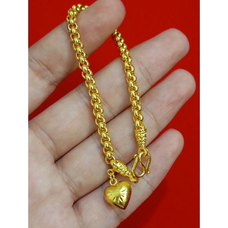 สร้อยข้อมือ น้ำหนัก 1 บาท ผ่าหวาย ห้อยใจ สีทอง 96.5% ไม่ลอกไม่ดำ ใส่อาบน้ำได้ ยาว 6.5 นิ้ว