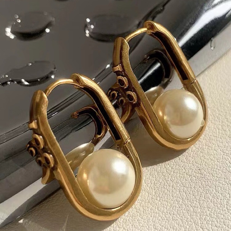 (D38)ต่างหูแบรนด์ D ไข่มุก สีsmoked gold งานHIEND