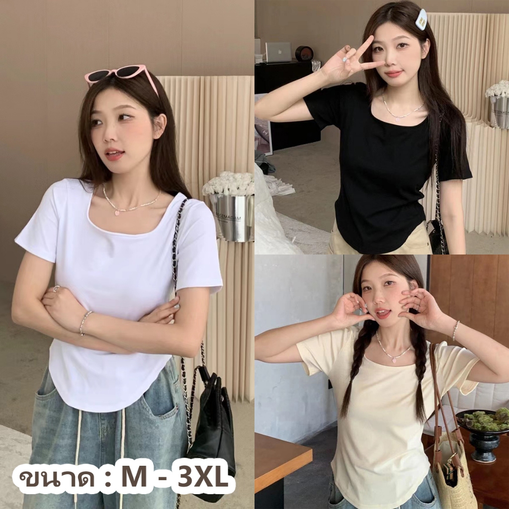 💕กรุงเทพจัดส่งสินค้า💕คอ U เสื้อยืดครอป แขนสั้น เวอร์ชั่นเกาหลีของกระแสน้ำแน่นเข้ารูปพอดีสั้นเอวสูงบา