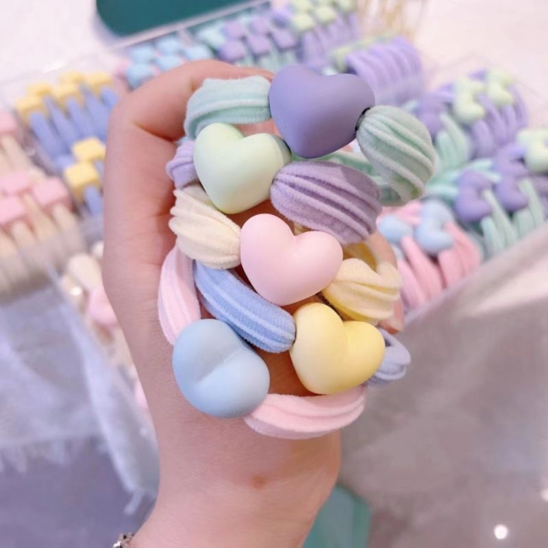 L086 ยางรัดผมเกาหลีสไตล์พาสเทล ประดับหัวใจและสี่เหลี่ยม พร้อมส่งจากไทย (ราคาต่อ 1 ชิ้น)