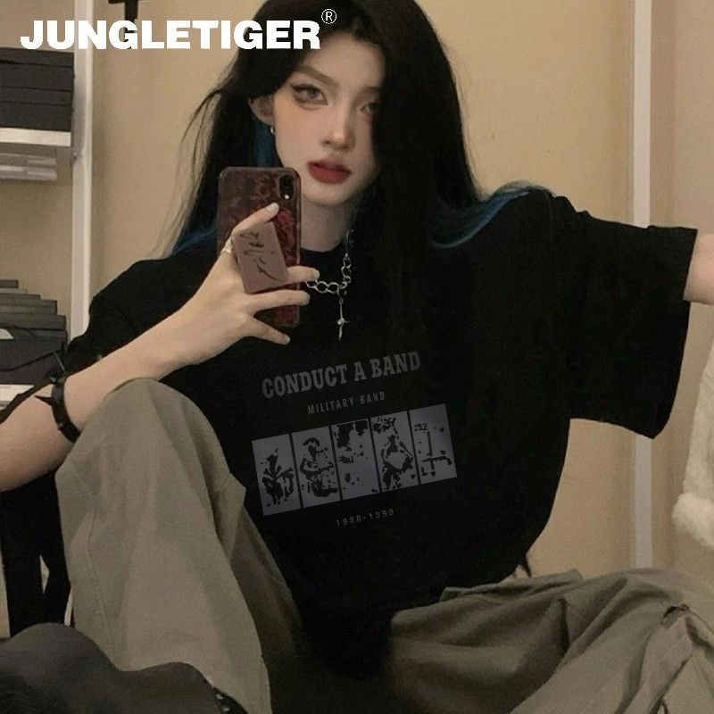 JUNGLETIGER เสื้อยืดสีดำหลวม ๆ ผู้หญิง 2024 ฤดูร้อนใหม่ 210 กรัมผ้าฝ้ายรอบคอออกแบบความรู้สึกเฉพาะกลุ่ม