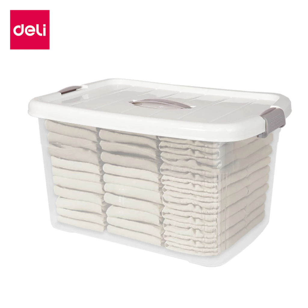 Deli กล่องพลาสติก กล่องเก็บของ ลังพลาสติก ลังเก็บของ มีฝาล็อก สีโปร่งใส วางซ้อนกันได้ Storage Box