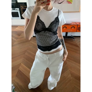 Cicishop(J1291)เสื้อยืดผ้าเรยอนคอกลม แต่งสายเดี่ยวลูกไม้เย็บติด แขนตัดใส่แล้วแขนเล็ก สไตล์น่ารัก