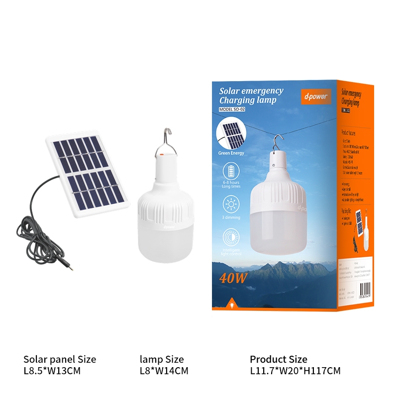 d-power โคมไฟโซล่าเซลล์แผงโมโน 40W รุ่น SO-02 ชาร์จได้ 2แบบ เปิด-ปิดไฟอัตโนมัติ แสงขาว Daylight