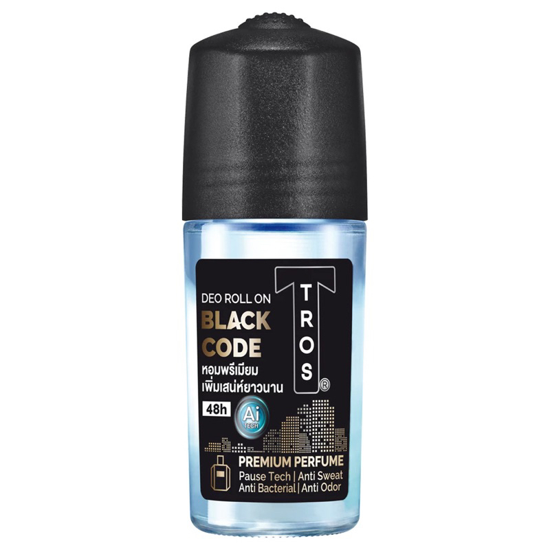 TROS โรลออน Black Code Deo Roll on 45 ml. ลูกกลิ้ง ทรอส ทรอส ดีโอ แบล็คโค้ด พรีเมียม เพอร์ฟูม