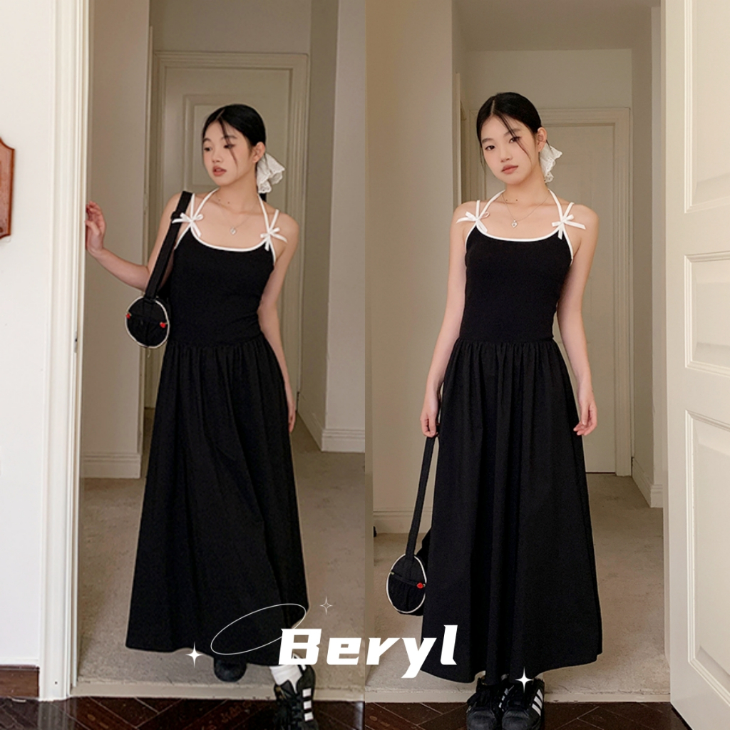 Beryl กระโปรงยาวสายเดี่ยวผูกโบว์ เดรสสไตล์ฝรั่งเศสสีดำ