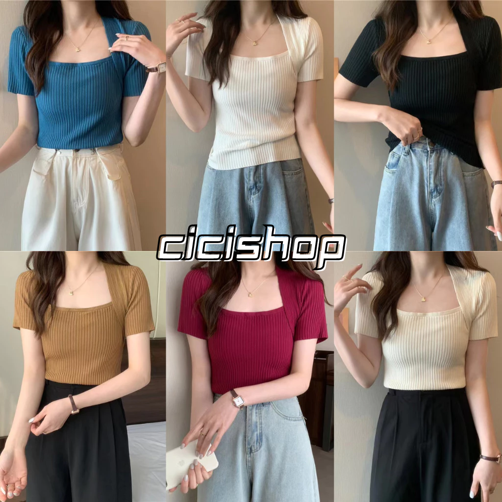 Cicishop(5508-1)เสื้อแขนสั้นไหมพรม ดีเทลคอเหลี่ยมปิดไหล่แต่ง เนิ้อผ้าแน่น ทรงน่ารัก สไตล์เกาหลี