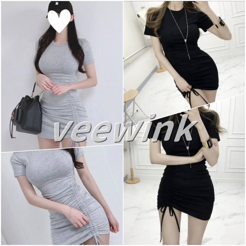 Veewink พร้อมส่งจากกทม เดรสเซ็กซี่ผู้หญิง ชุดเดรส แขนสั้น ดีเทลมีสายรูดปรับด้านข้าง S-3XL 35kg-75kg