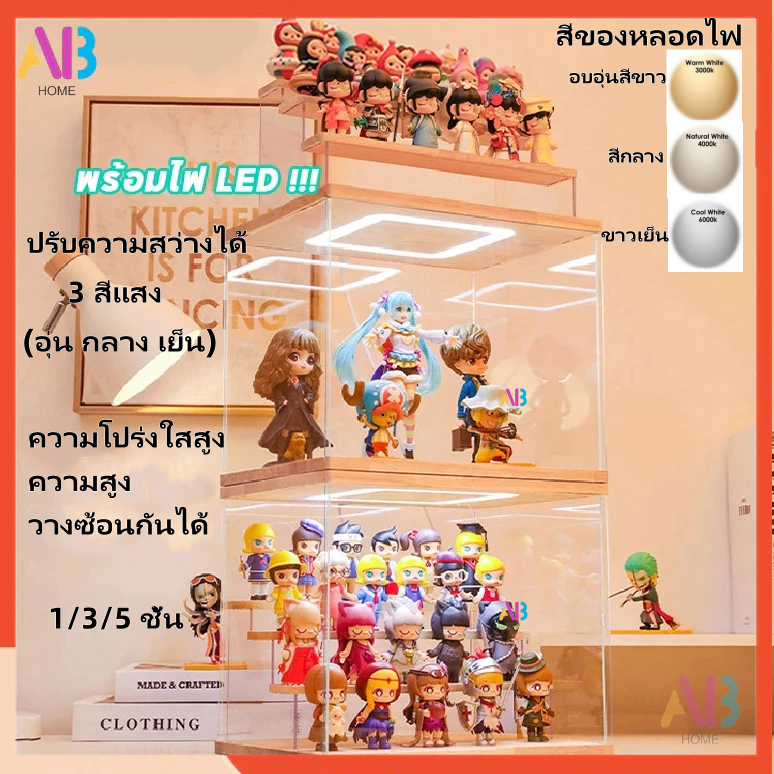 กล่องโชว์โมเดล กล่องโชว์ วัสดุอะคริลิก พร้อมไฟ LED สามารถต่ออนุกรมได้ กันฝุ่น กันน้ำประกอบง่าย ที่โชว์โมเดล ฐานไม้