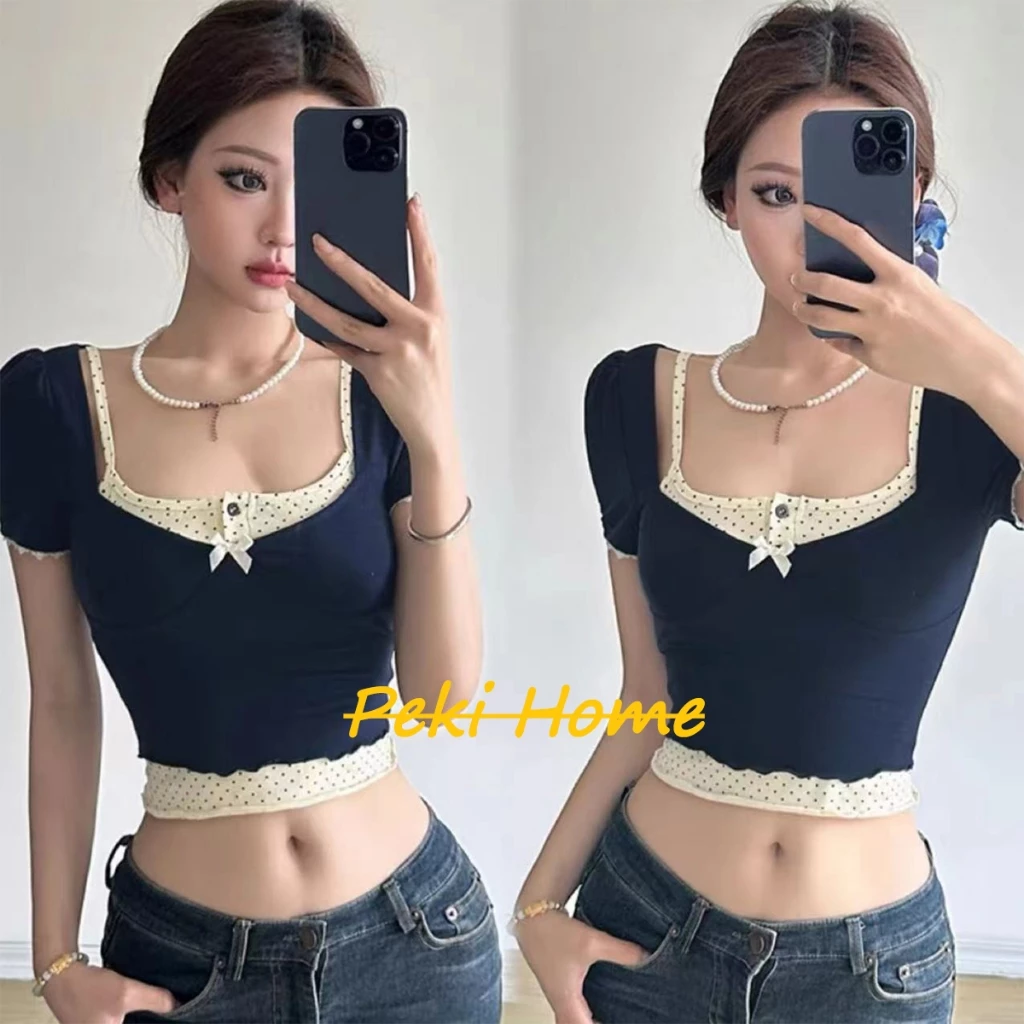 เสื้อยืดสไตล์วินเทจ สองชิ้น สีสันตัดกัน ดีไซน์คอเสื้อ