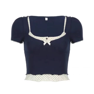 เสื้อยืดสไตล์วินเทจ สองชิ้น สีสันตัดกัน ดีไซน์คอเสื้อ
