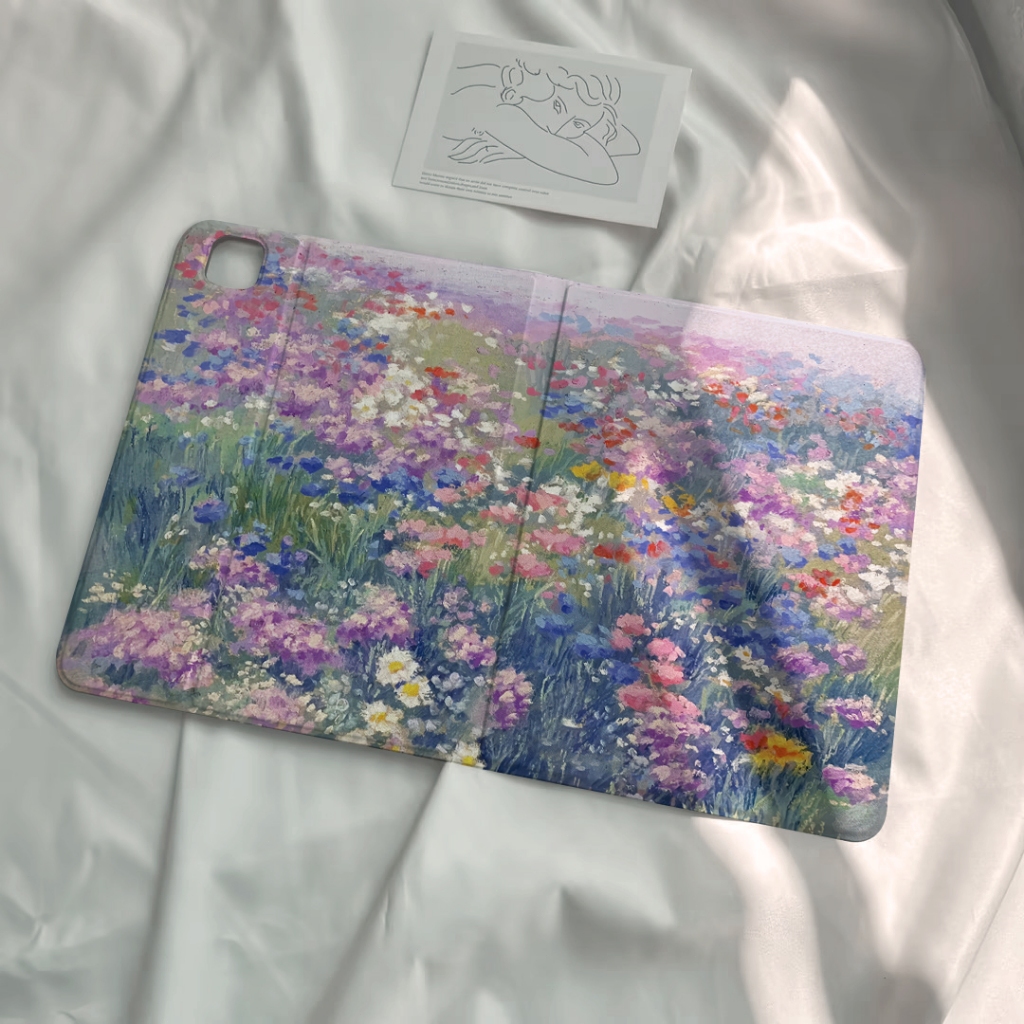 ออกให้ 24 ชม case iPad Air6 11 TPU พร้อมถาดใส่ปากกา ภาพวาดสีน้ำมันดอกไม้ เคส iPad MINI7 pro11 2024