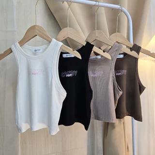 Spinnyhouse เสื้อครอปกล้าม ผ้าเรย่อน ทรงรัดรูป สกรีนลาย ใส่แล้วกระชับพรางหุ่น สาวอวบก็ใส่ได้ พร้อมส่ง รุ่น กล้ามCandypop