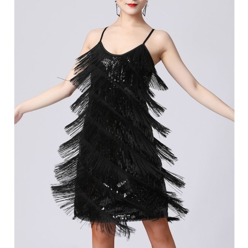 เดรสสายเดี่ยวติดพู่ฟรุ้งฟริ้ง ชุดแกสบี้เต้นลีลาศ (สินค้าในไทย🇨🇷) - รูปที่ 4