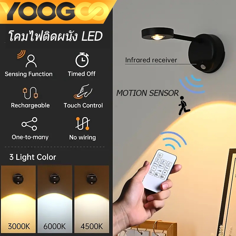 YOOGOO โคมไฟติดผนัง LED เซ็นเซอร์ตรวจจับการเคลื่อนไหวของมนุษย์ ชาร์จ USB สปอตไลท์ไร้สาย ห้องนอน ห้องนั่งเล่น ไฟตกแต่ง
