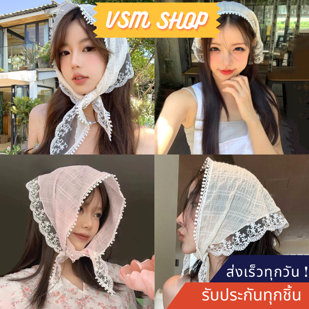 ผ้าพันคอ ผ้าโพกศีรษะ (E04) ทรงสามเหลี่ยม แต่งลูกไม้ ลายดอกไม้ สำหรับผู้หญิง