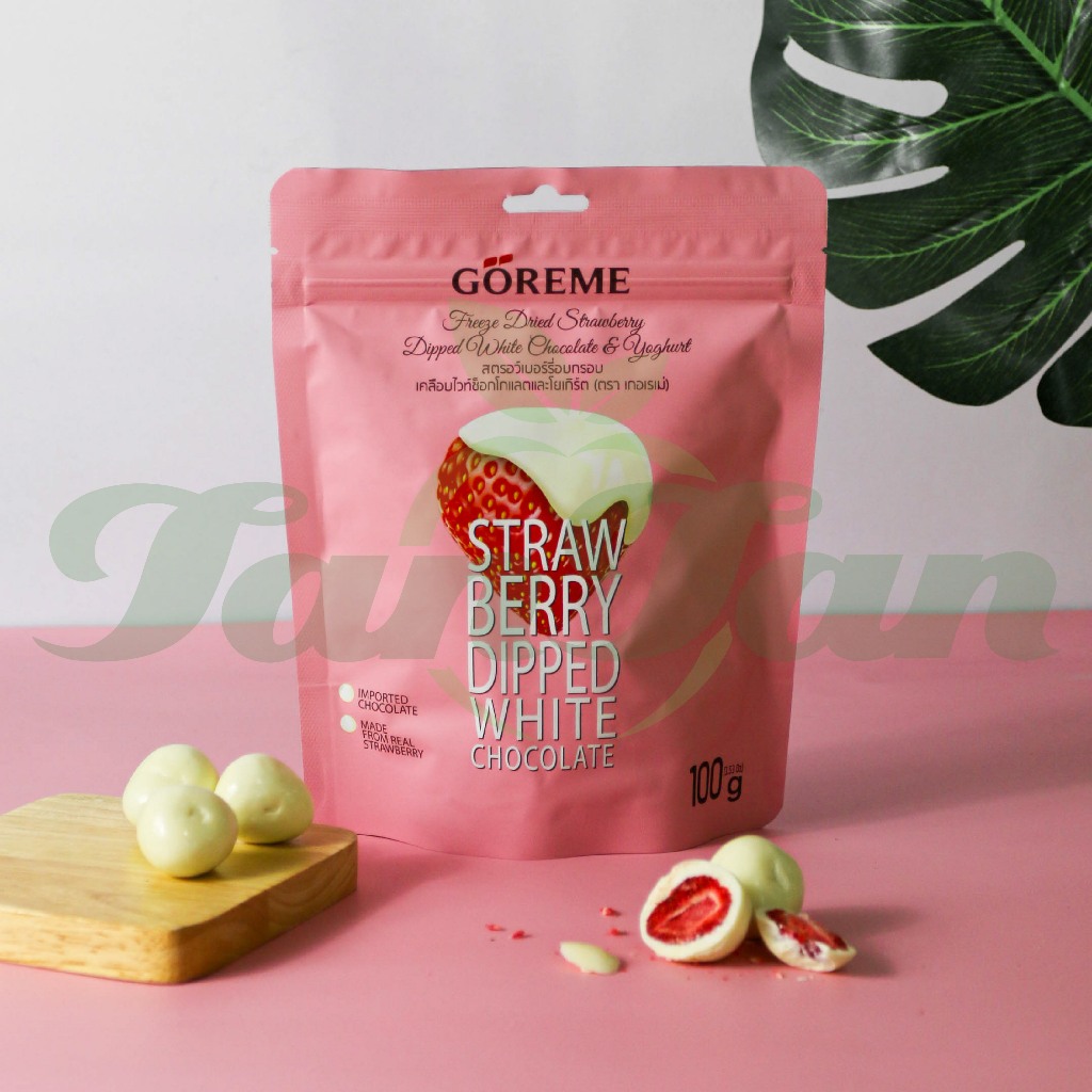 สตรอเบอร์รี่อบกรอบเคลือบไวท์ช็อกโกแลตกลิ่นโยเกิร์ต "GOREME" Strawberry dipped white chocolate&Yogurt