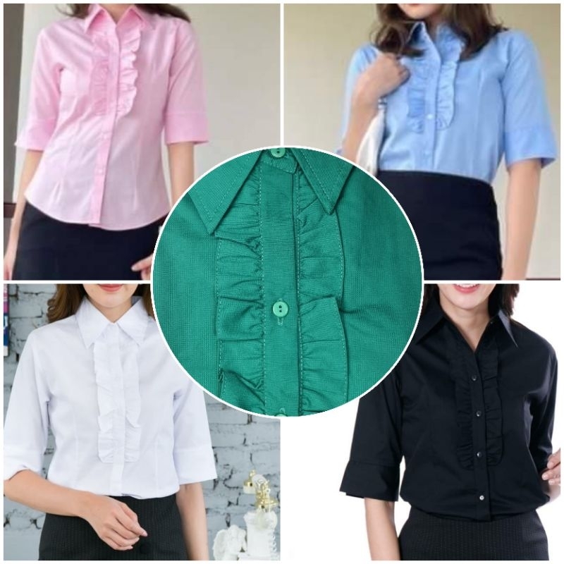 เสื้อเชิ้ตระบายอกแขน3ส่วน