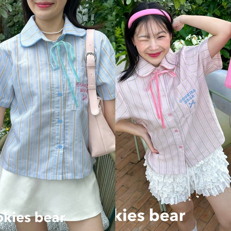 มีริบบิ้นให้🌟Mamildya.shop🌟 เสื้อคอบัวกุ้นขอบ ทรงตัวยาวผ้าลินินลายริ้วสีพาสเทล/G2-2 /COOK-บัวริบ ⚫