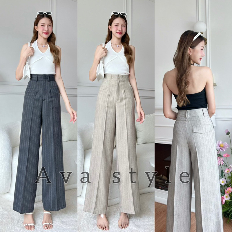 Japanese fabric กางเกงขากระบอกเอวสูง ดีเทลแต่งกระเป๋าหลัง
