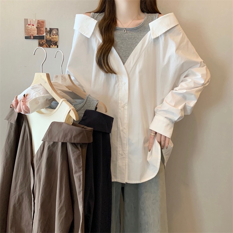Donna Shirt - Shirt sewn onto T-shirt เสื้อเชิ้ตตัวยาวผ้าคอตตอน เย็บตัดต่อผ้ายืดคอกลมด้านใน