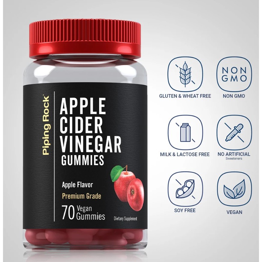 Apple Cider Vinegar 600 mg 70 Vegan Gummies แอปเปิ้ลไซเดอร์ กัมมี่ Pipingrock รสแอปเปิ้ล