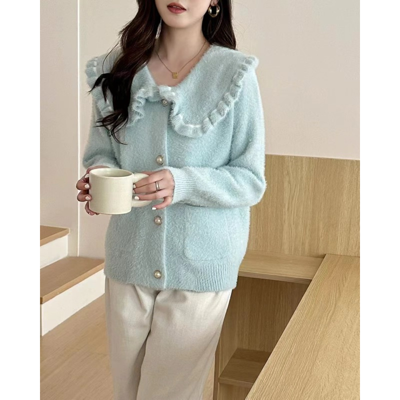 เสื้อคลุมขนมิงค์สีพื้นคอระบาย