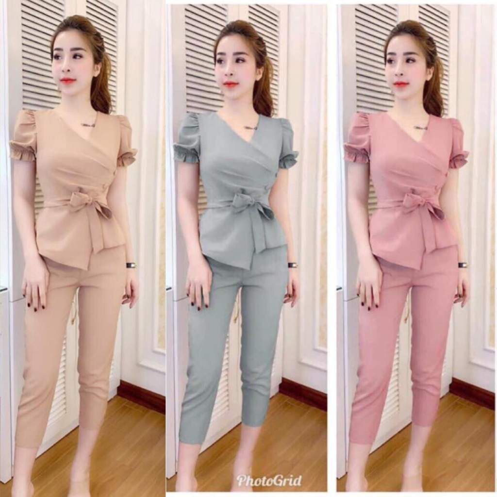 พร้อมส่ง ชุดเซตผ้าวูลเวฟ เสื้อแขนตุ๊กตาจีบข้างแต่งกระดุมสม็อคหลัง+กางเกง+สายผูกเอว A4616