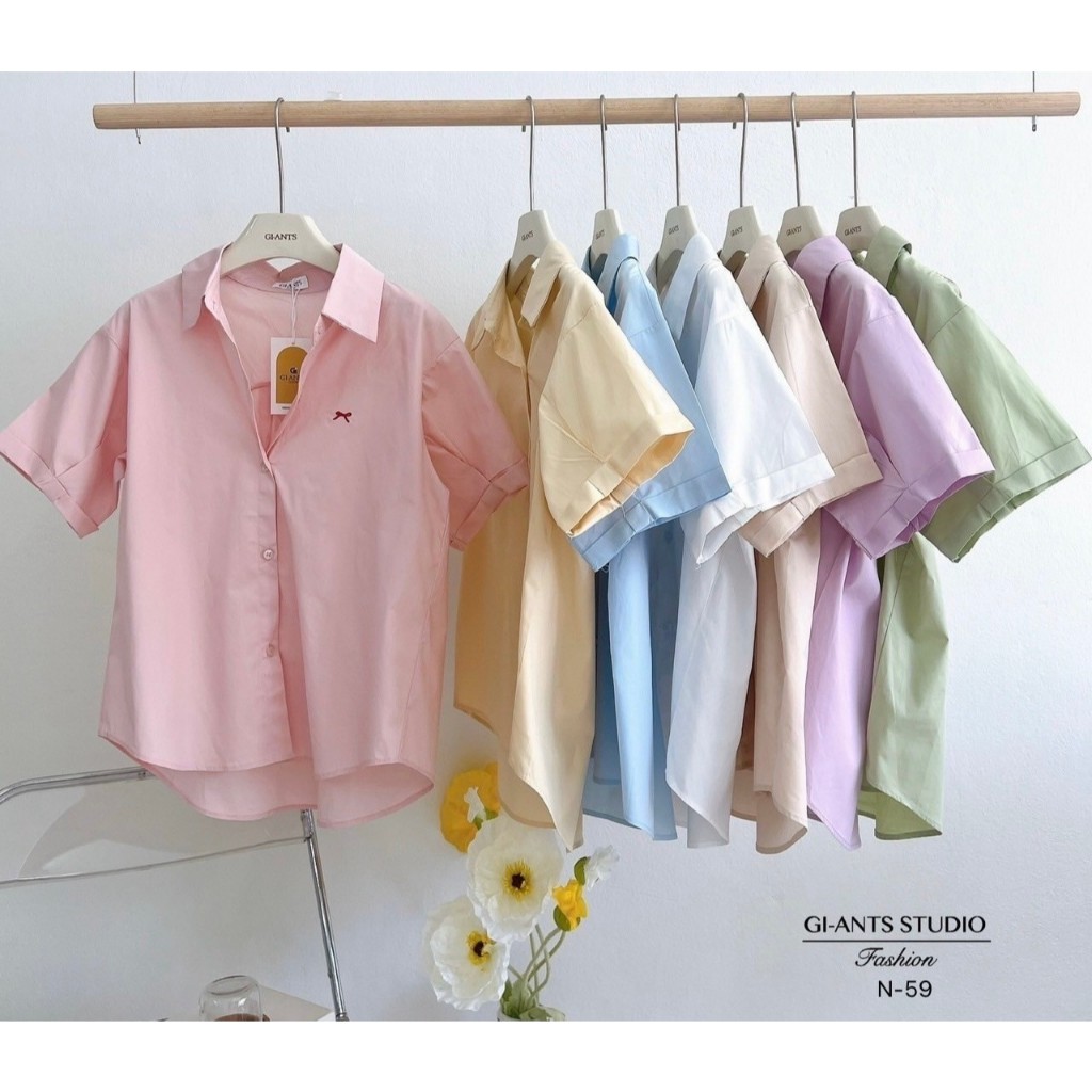 ป้าย Gi-ant เสื้อเชิ้ตแขนสั้นปักโบว์ อก 41 นิ้ว