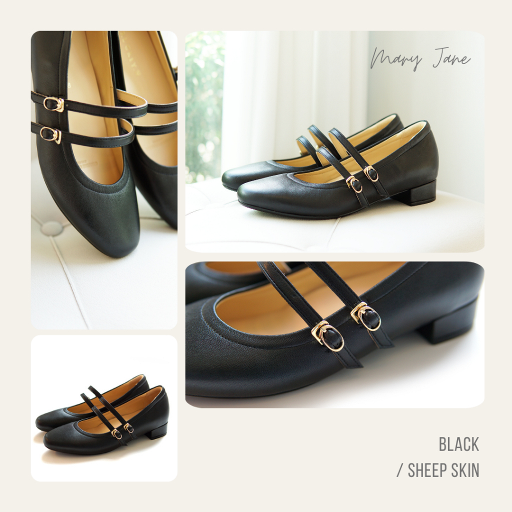 EARL GREY รองเท้าหนังแกะแท้ หนังนิ่ม พื้นนุ่ม มีซัพพอร์ต รุ่น Mary Jane ( Heel 1 inch) series in Bla