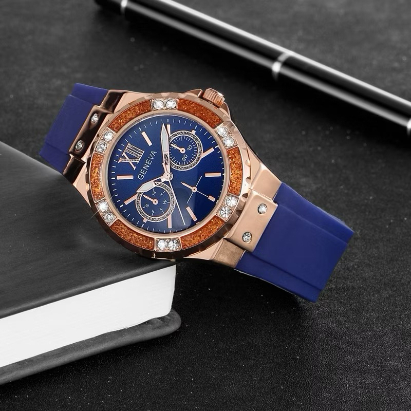 นาฬิกาข้อมือผู้หญิง Geneva เจนีวา เเบรนด์เเท้100% สายยางเรซินน้ำเงิน ดีไซน์เกสส์