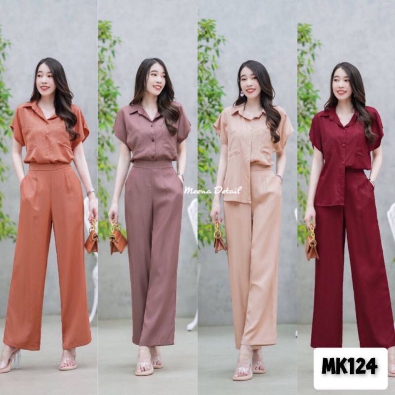 ชุด set 2 ชิ้น เสื้อปกเชิ้ตแขนเลย+ กางเกงขายาวเอวยางยืด
