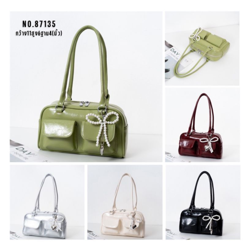 A010 (พร้อมส่งในไทย) กระเป๋าสะพายไหล่ ยอดฮิต พร้อมเข็มกลัดโบว์น่ารักแบบถือหรือมีสะพายข้าง หนัง PU มี