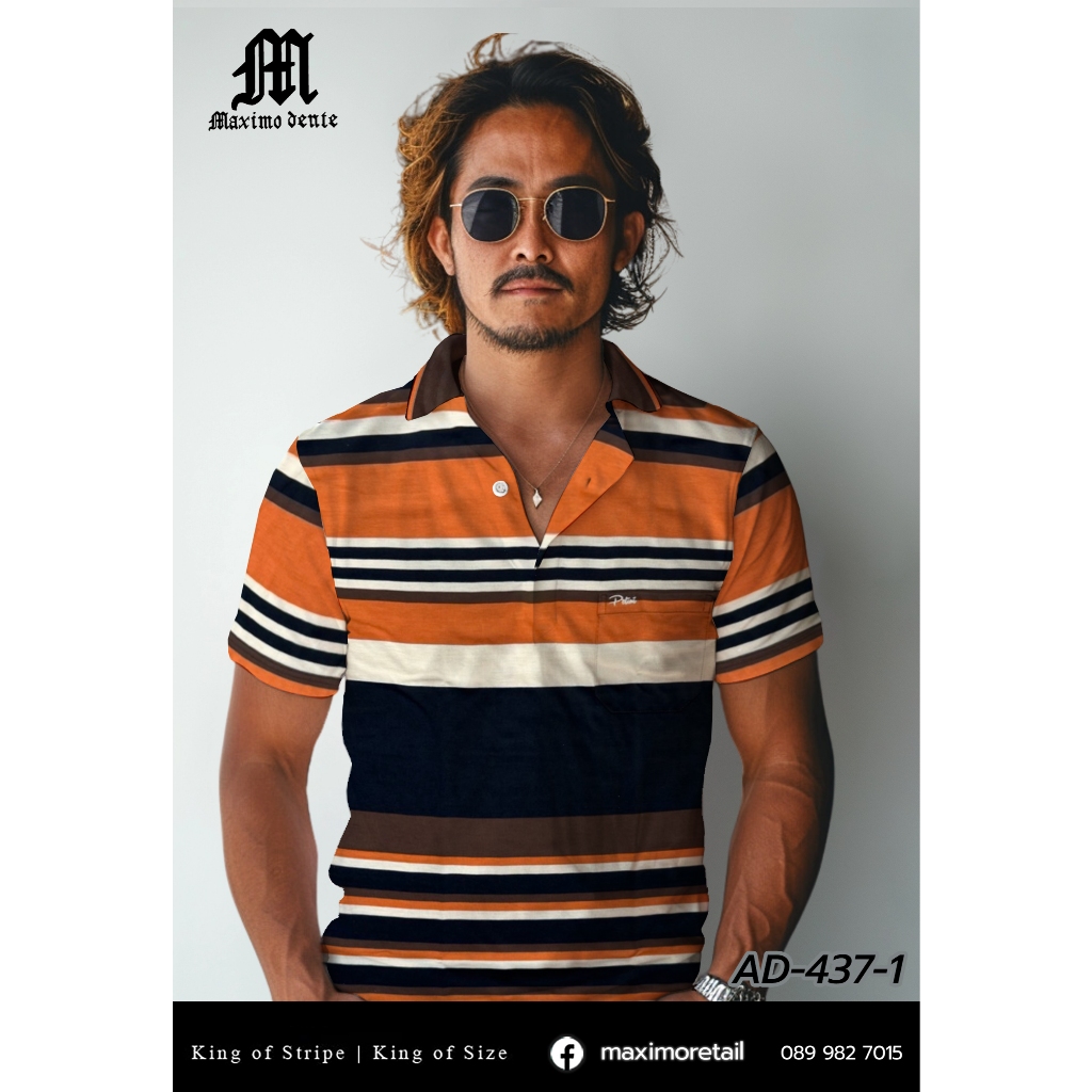 เสื้อโปโลแขนสั้นผู้ชายมีกระเป๋า  Pelini คอปก ลายริ้ว คลาสสิค สไตล์ยุโรป สำหรับผู้ใหญ่ รุ่น AD-437-1