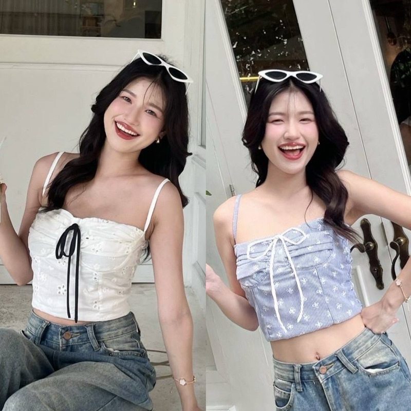 KF Flower เสื้อสายเดี่ยว สายปรับได้ ติดเชือกผูกโบว์ได้ด้านหน้า ✨ ราคา ถูกที่สุด ดีลบีเคเค