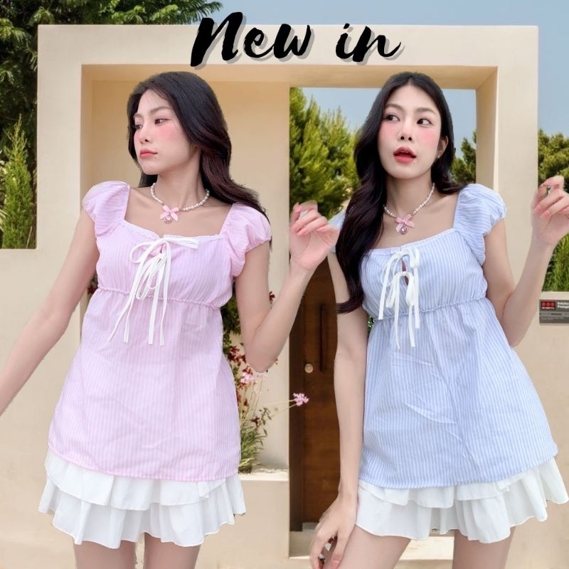 Onnie : เสื้อแขนตุ๊กตาตัวยาว กุ้นขอบผูกโบว์สีขาว2ชั้น น่ารักมาก