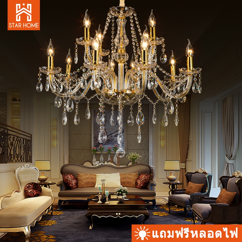 โคมไฟคริสตัล Led เทียนสไตล์ยุโรปโคมระย้าคริสตัลสีทองห้องนั่งเล่นโคมไฟร้านอาหารห้องนอนแสงอเมริกันเจนยุโรปโคมไฟเพดาน