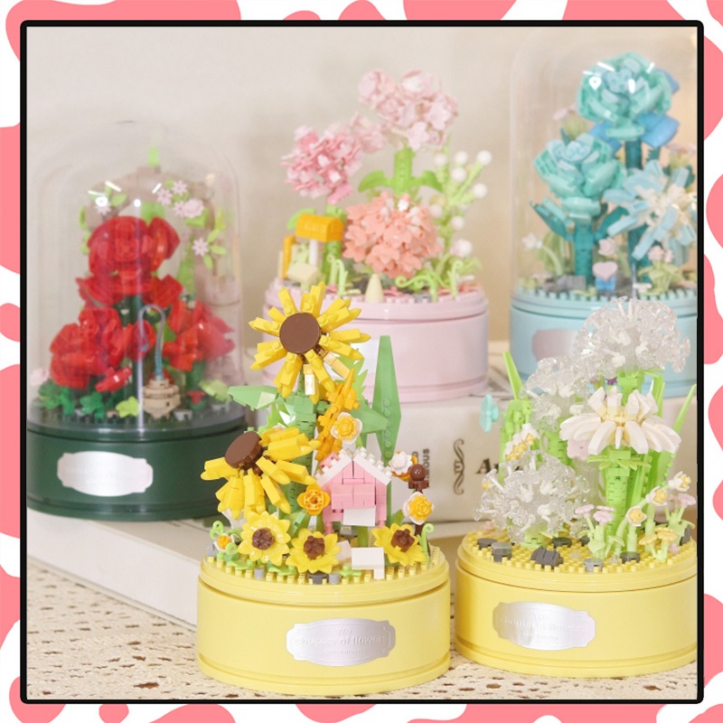 ดอกไม้ ตัวต่อ ทานตะวัน เสียงกล่องดนตรี หมุนได้ ช่อดอกไม้ Rose Sunflower ของขวัญวันเกิด
