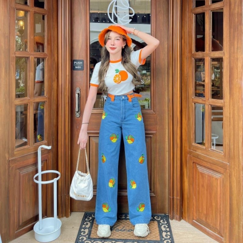 (S-4xl)ชุดเซ็ทorange เสื้อมาพร้อมกางเกงยีนส์งานสกรีนลายน่ารักสุดปังจ้า