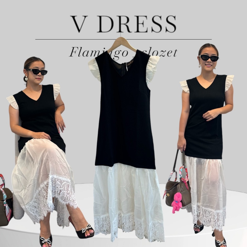 เดรสแขนกุดคอวี V DRESS ชายผ้าซีฟองขาวลูกไม้