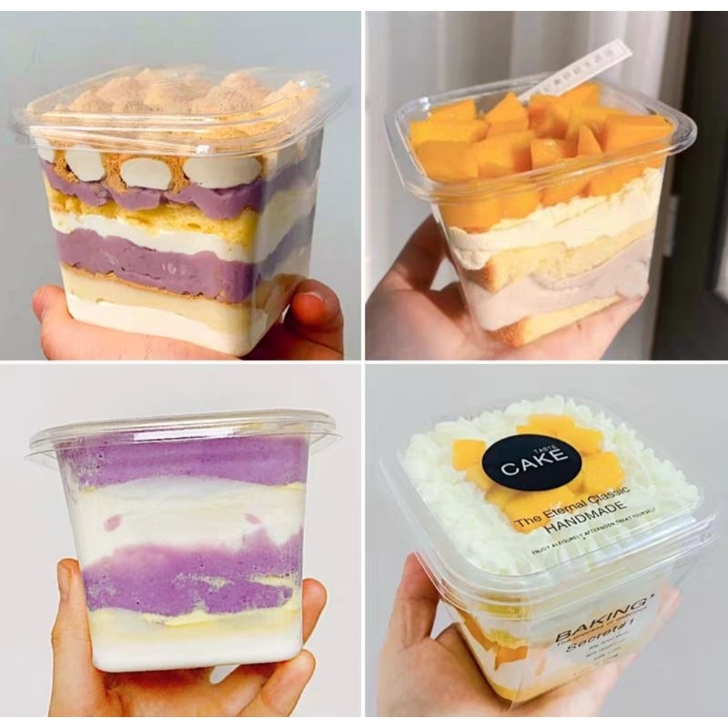 พร้อมส่ง!!ถ้วยพลาสติกใส ถ้วยบานอฟฟี่สี่เหลี่ยมมีฝา!!ฟรีสายคาด(แพค10/25/50 ชุด)