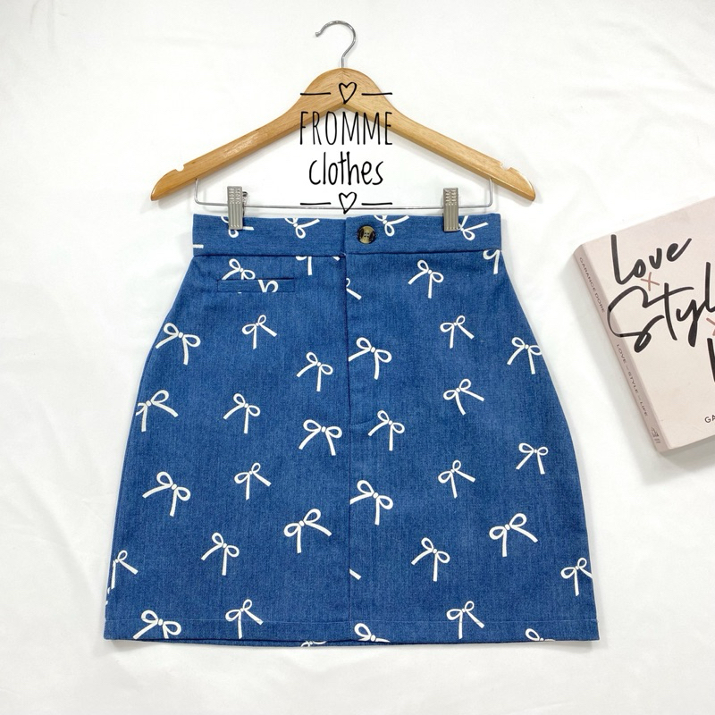 กระโปรงทรงเอผ้ายีนส์ลายโบว์XS-5XL