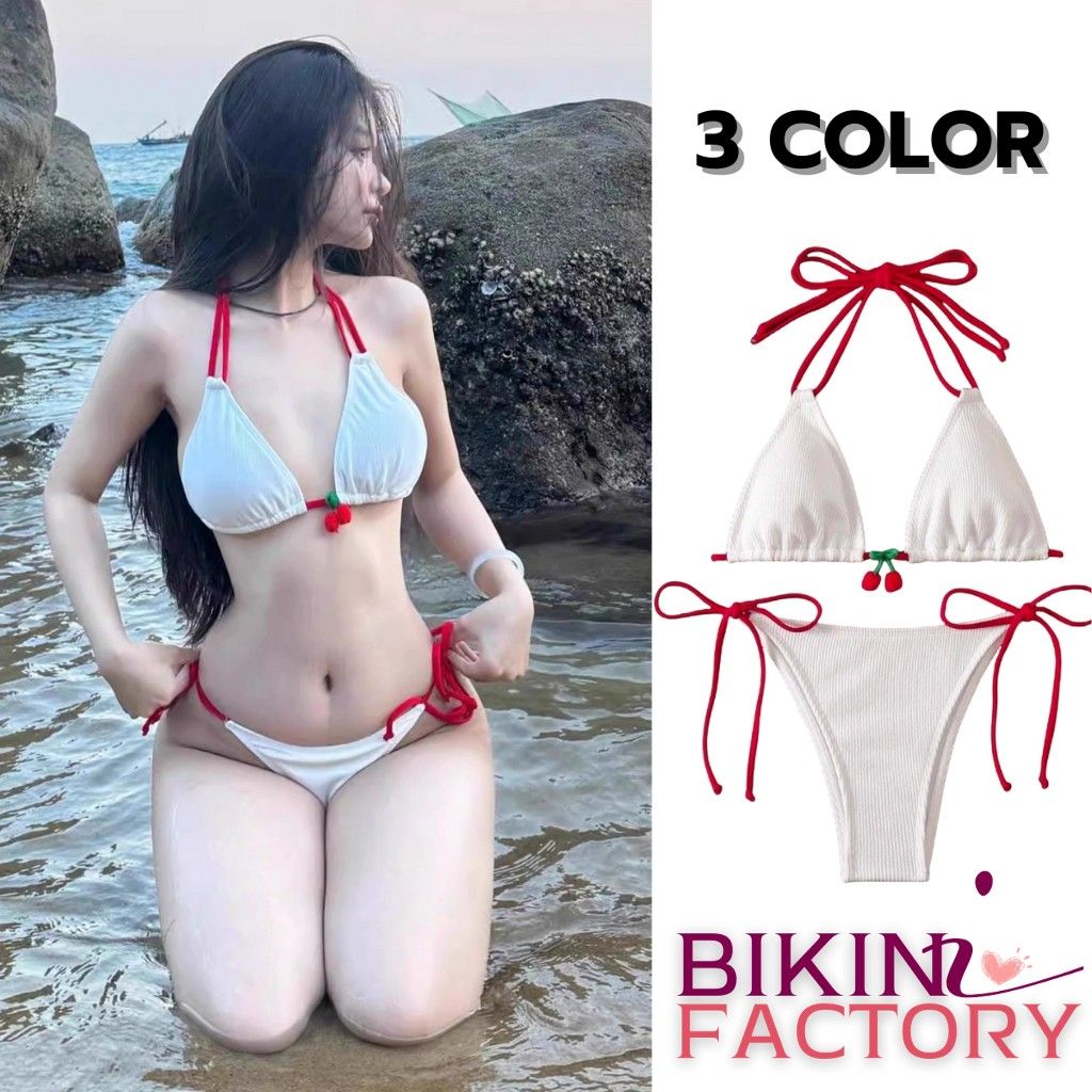 BIKINI FACTORY ชุดวายน้ำบิกินี่ บิกินี่ทูพีช ชุดว่ายน้ำแยกสว่น กางเกงผูกเชือกสองข้าง อกแต่งจี้เชอร์รี่น่ารัก BK-072