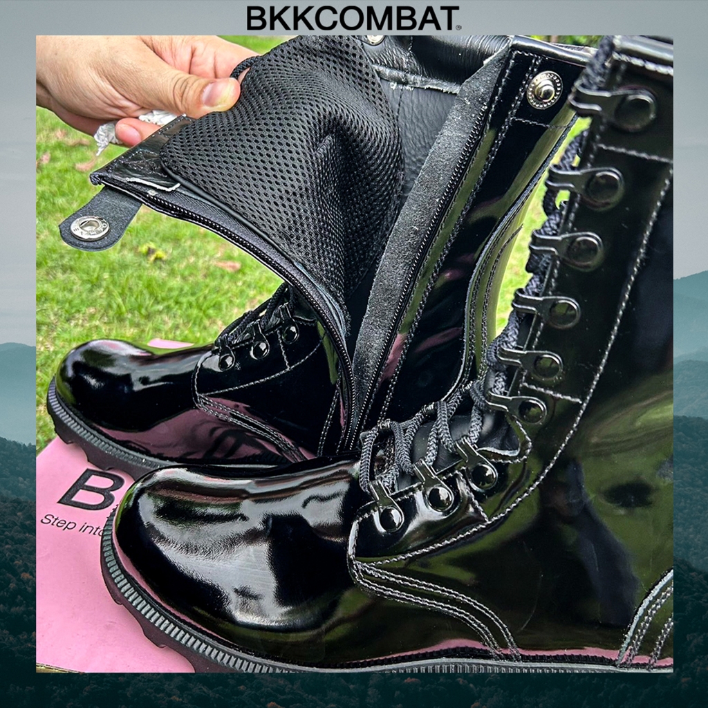 คอมแบท รหัส BKP01 ซิป พื้นโรเสิร์ท หนังขัดมัน(พรีเมี่ยม) หนังวัวแท้ สูง10นิ้ว